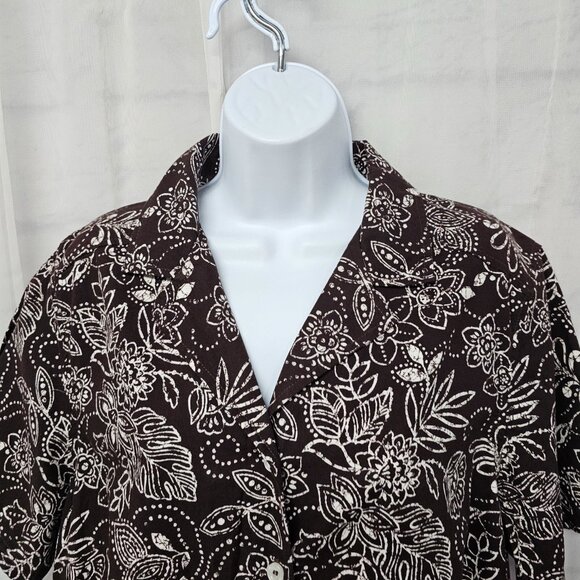 Brown White Floral Button Down Blouse Casual Boho Beach Summer 1X 16W - Picture 2 of 10